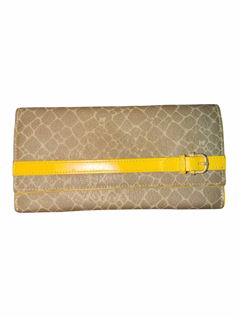 Vintage Nina Ricci Paris Long Wallet Taupe Monogram & Yellow Leather Accent